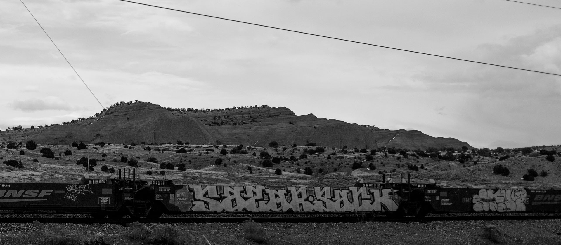 graffiti on line of train cars.