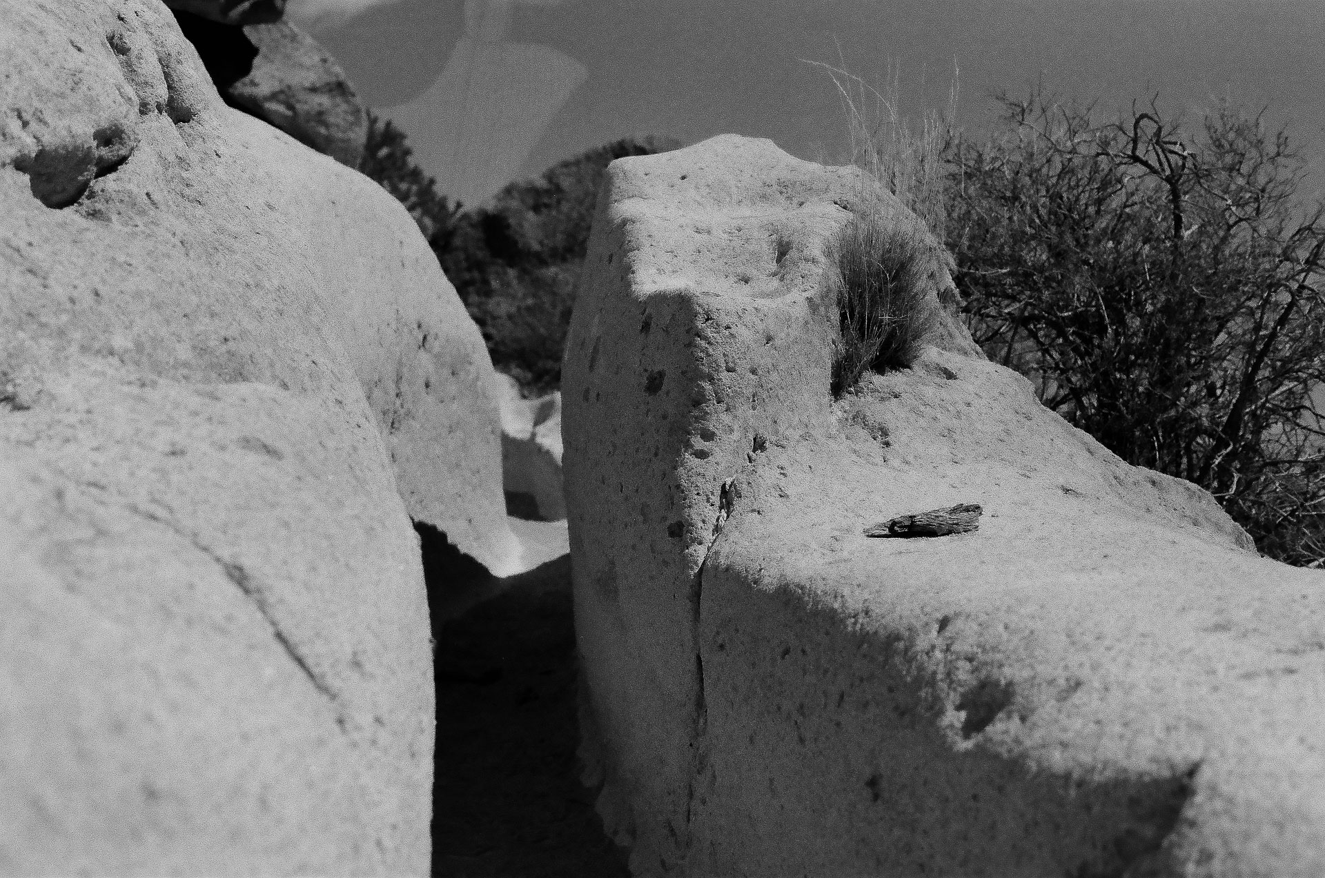 black and white photo of large boulders.