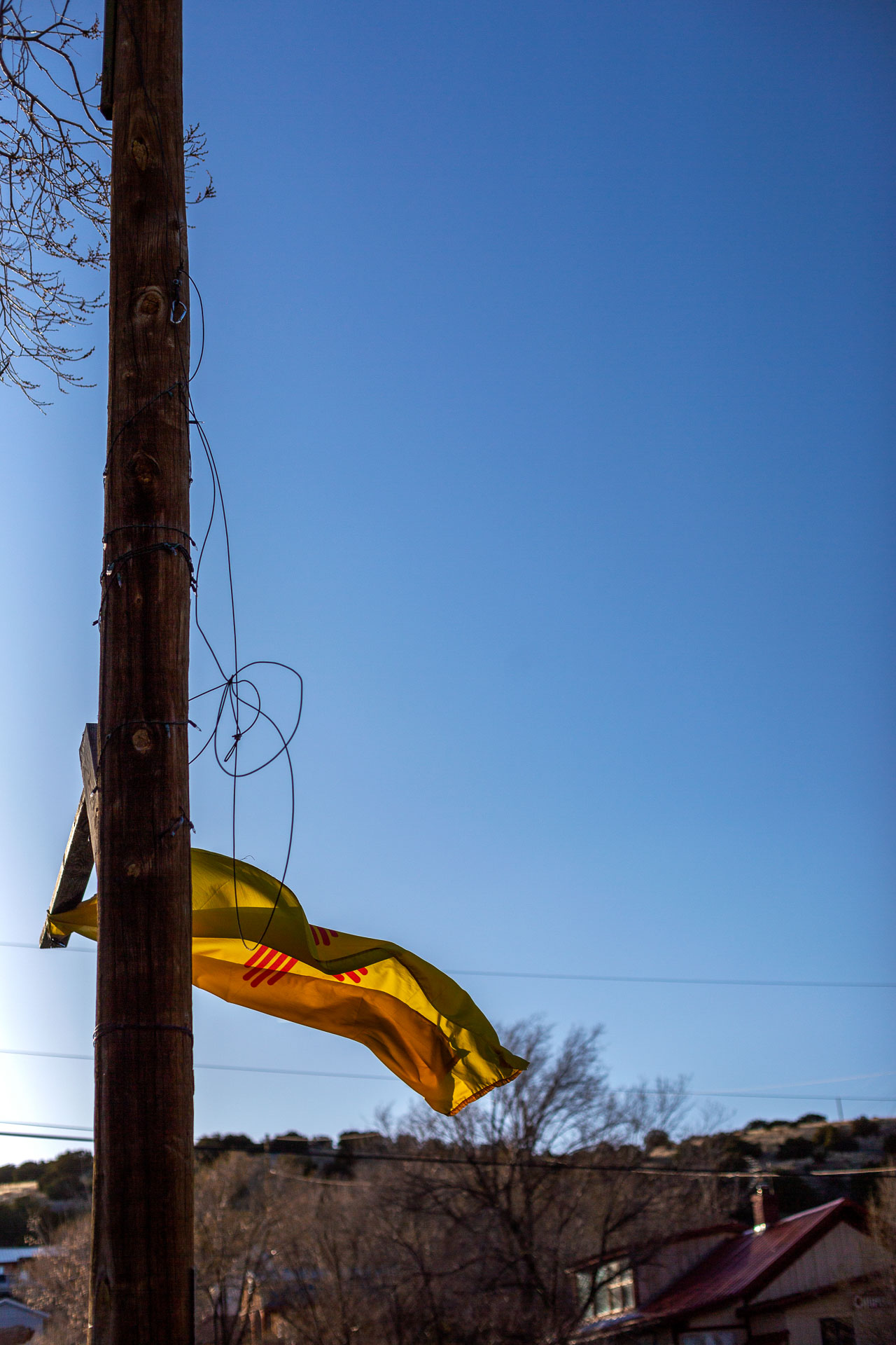 tattered flag flying on post.